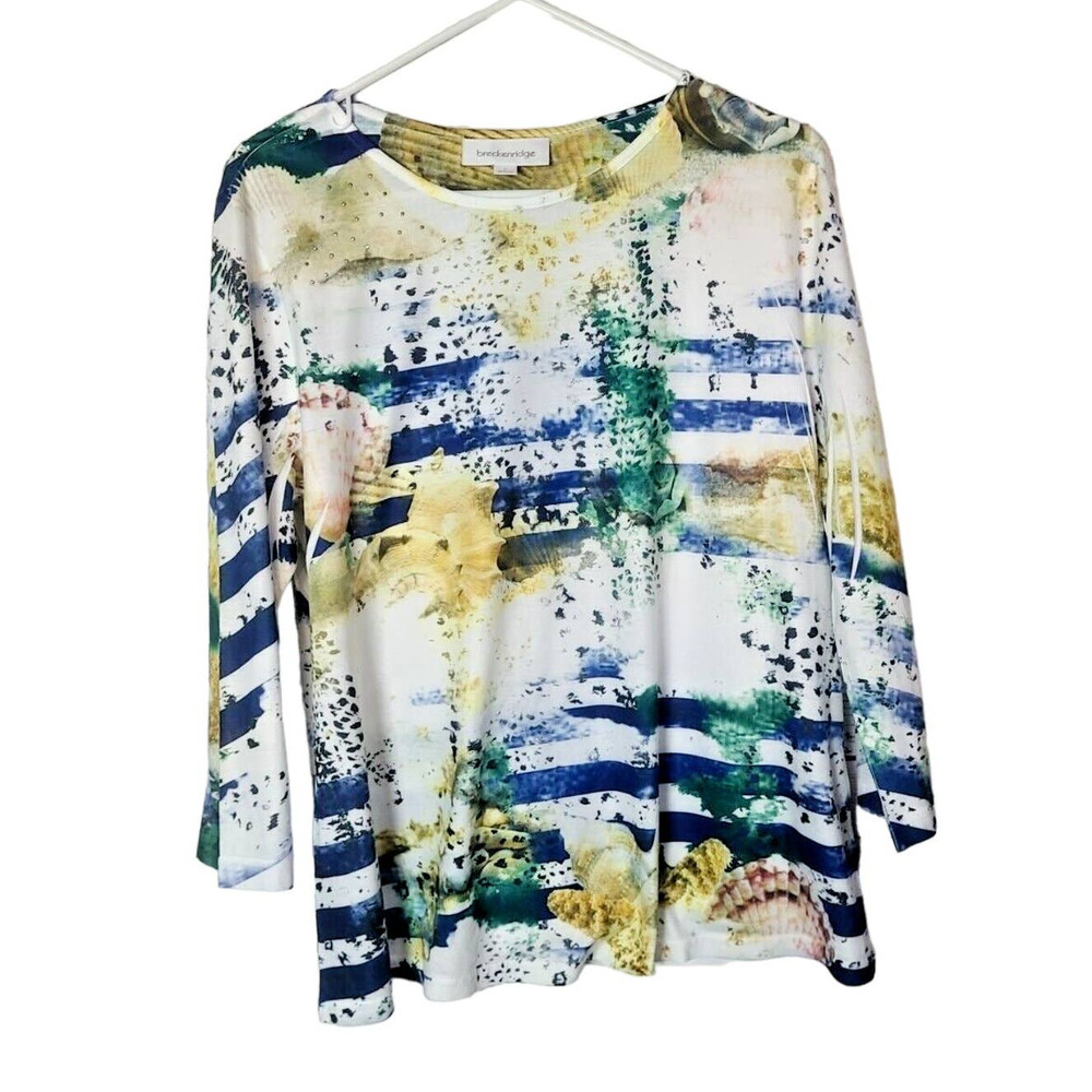 Breckenridge Multicolor Seashell Rhinestone 3/4 Sleeve Casual Top Woman SZ Large